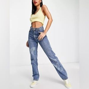 Bershka straight leg jeans with butterfly detail in blue